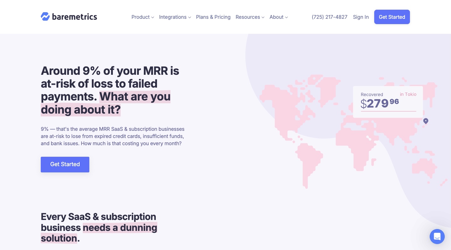 Baremetrics Recover homepage screenshot