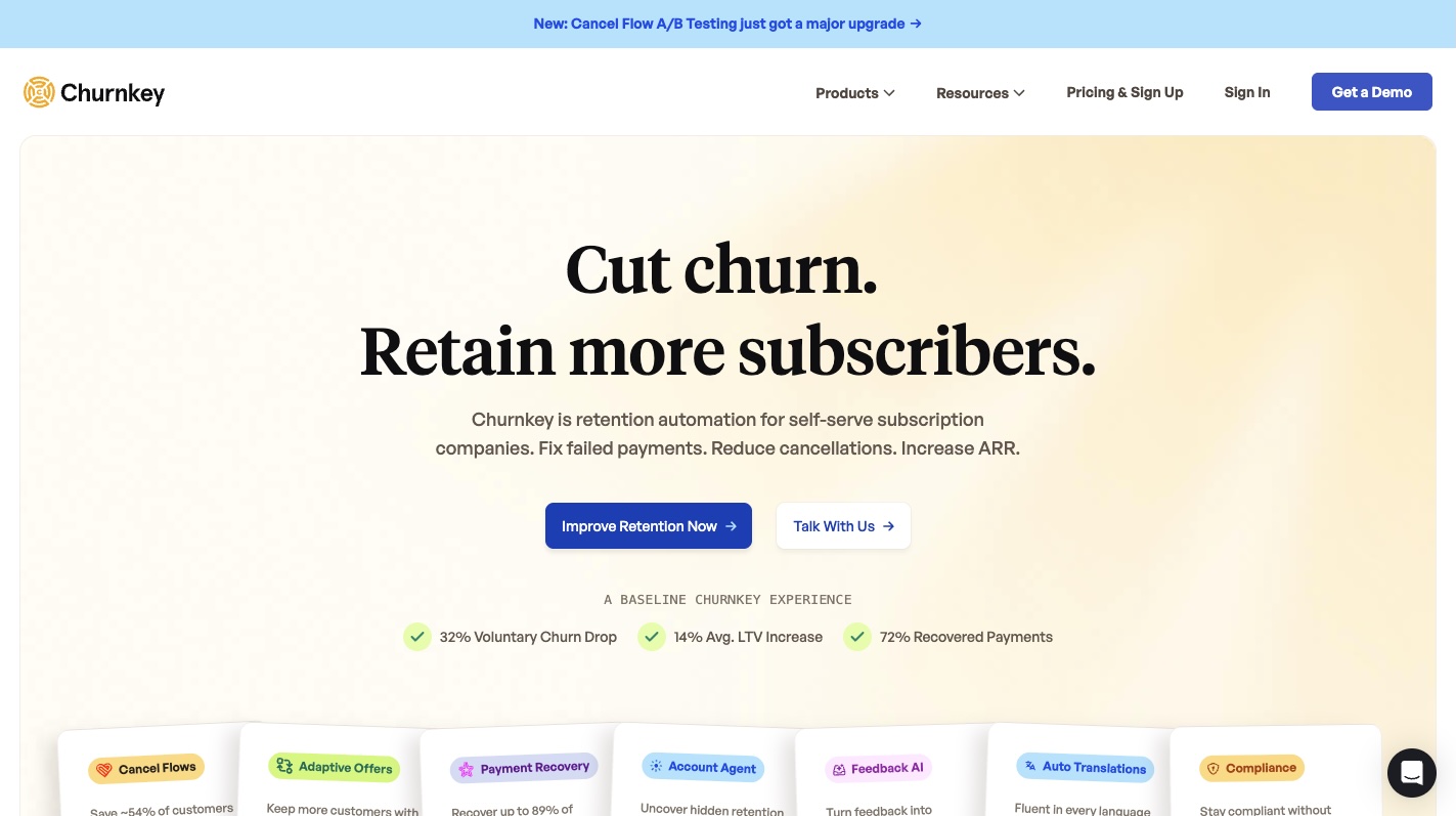 Churnkey homepage screenshot