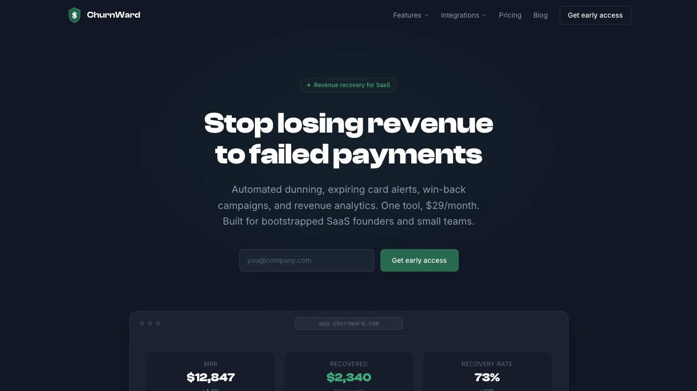 ChurnWard homepage screenshot