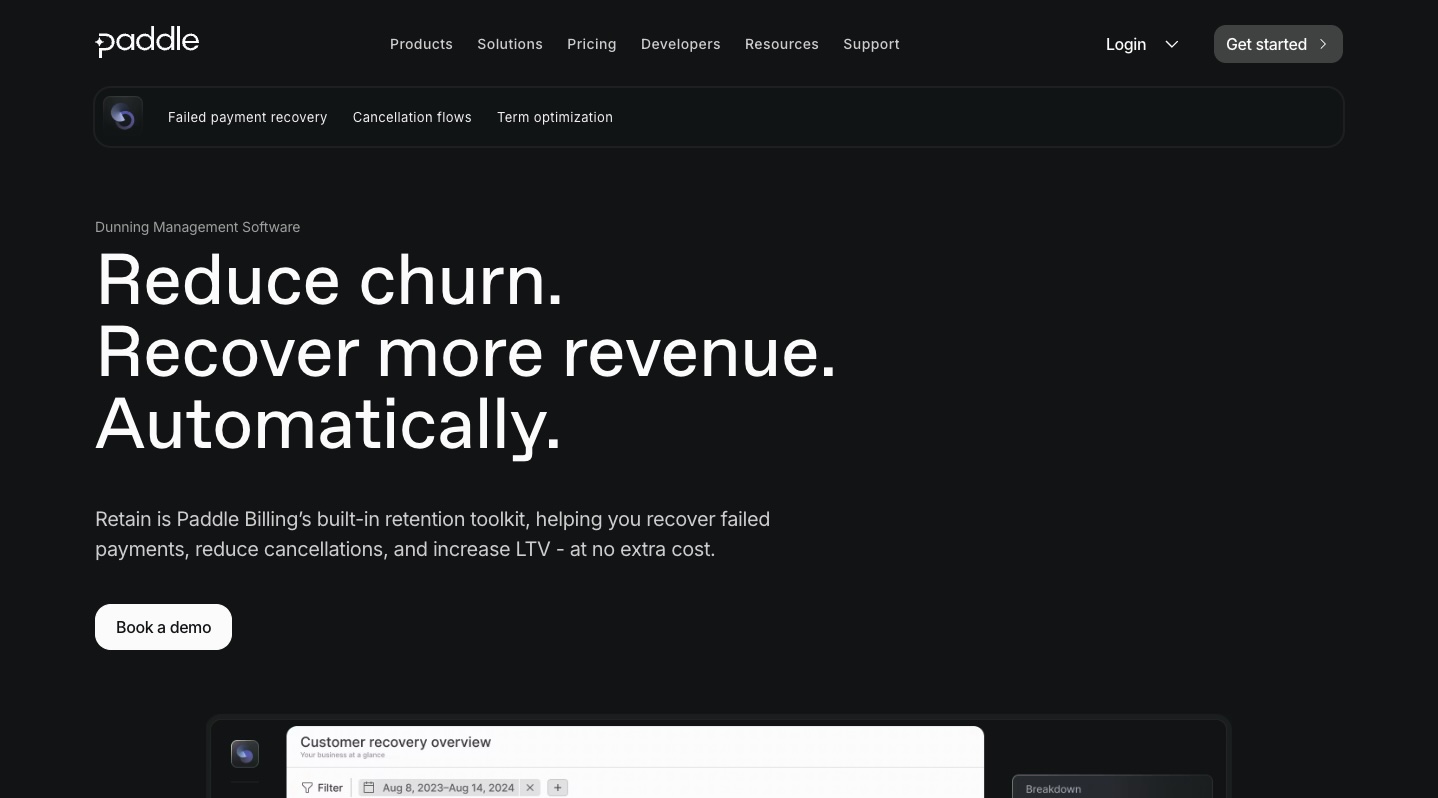 Paddle Retain homepage screenshot