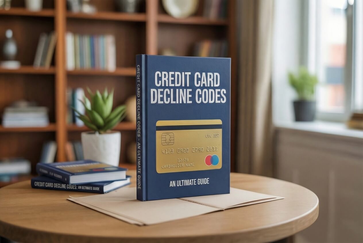A hardcover book titled Credit Card Decline Codes: An Ultimate Guide with a gold credit card illustration on the cover, standing on a wooden table