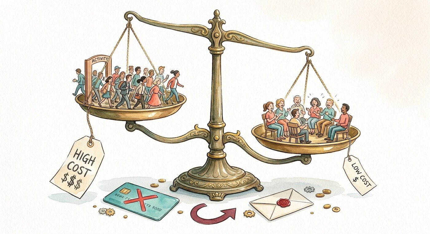 Watercolour illustration of a brass balance scale weighing a crowd of new customers walking through a door with a high-cost price tag against a smaller group of seated loyal customers with a low-cost tag, surrounded by a declined credit card, a retry arrow, and a sealed envelope.