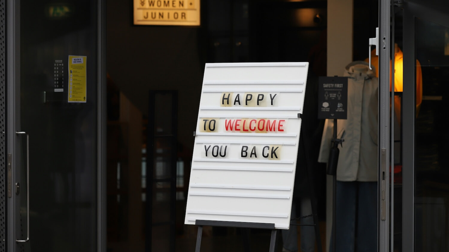 A letter board sign reading 'Happy to Welcome You Back', representing customer reactivation and win-back strategies.