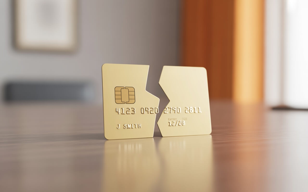 A gold credit card snapped in half standing upright on a wooden surface