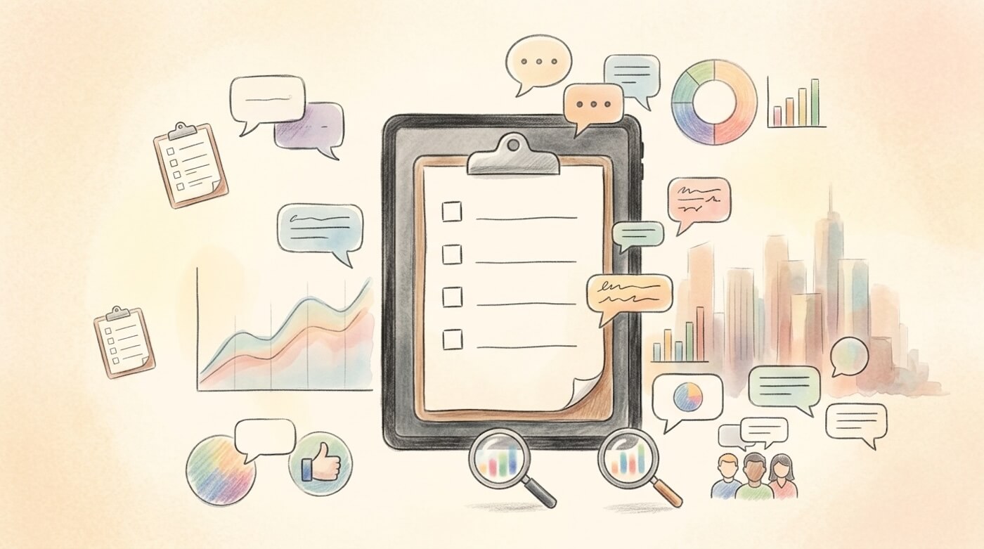 Watercolour illustration of a clipboard survey form surrounded by speech bubbles, bar charts, pie charts, magnifying glasses, and a group of people.