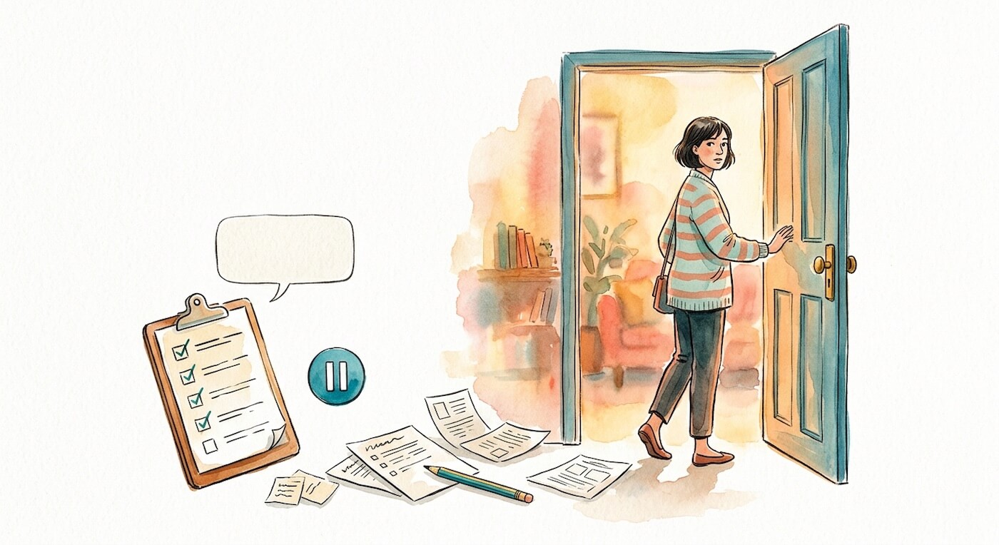Watercolour illustration of a person pausing in an open doorway and looking back, surrounded by a checklist clipboard, scattered survey documents, a speech bubble, and a pause button icon.