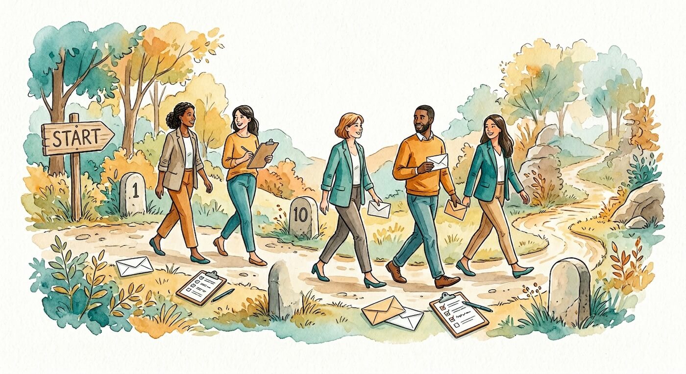 Watercolour illustration of five professionals in casual business attire walking left to right along a winding path from a wooden Start signpost, passing numbered milestone stones, clipboard checklists, and scattered envelopes.