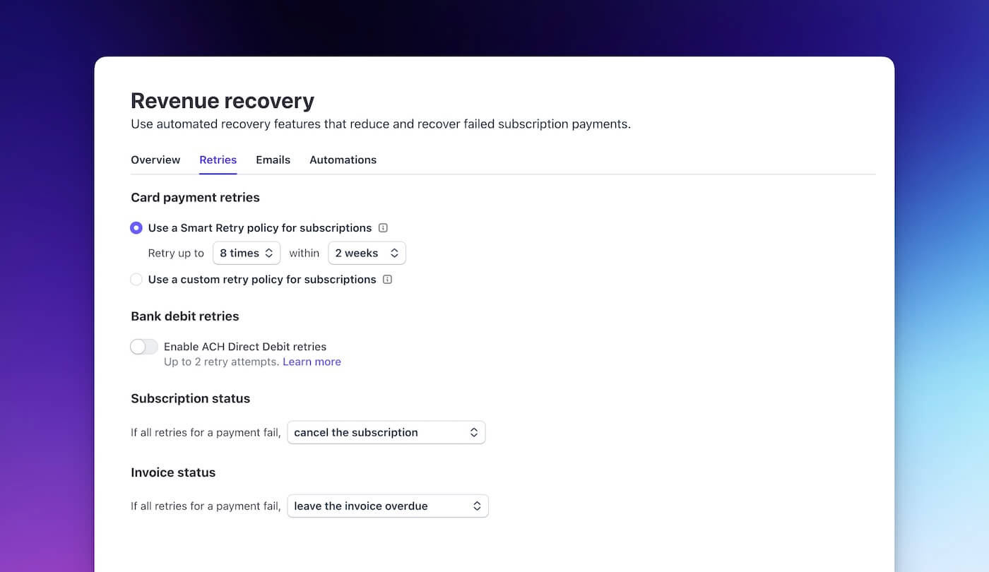 Stripe Revenue Recovery Retries settings page showing the Smart Retry policy selected with retry up to 8 times within 2 weeks, a custom retry policy option, bank debit retries toggle, and post-exhaustion dropdowns for subscription status and invoice status