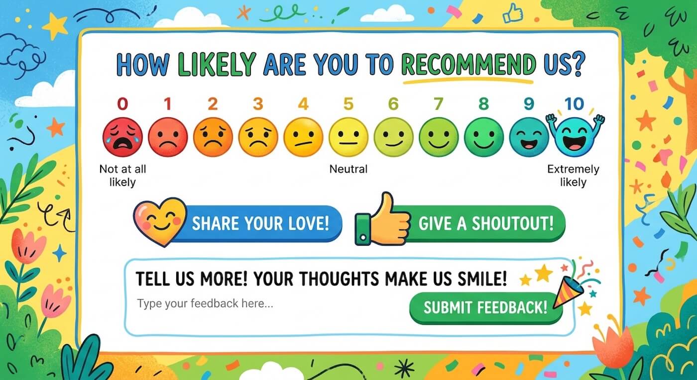 An NPS survey showing the 0 to 10 recommendation scale with emoji faces ranging from unhappy to delighted, a feedback text field, and share buttons.