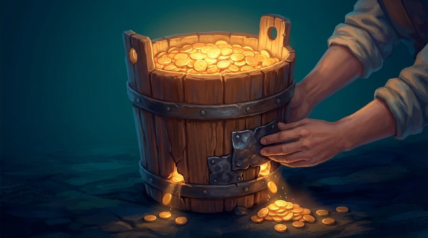 Illustrated wooden barrel overflowing with gold coins, with cracks leaking coins onto the ground, representing revenue lost to failed payments.